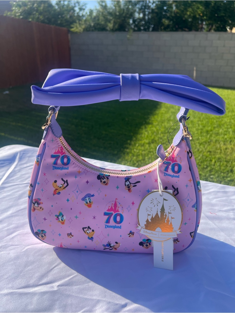 Stoney Clover Lane Disney Pink Shoulder Bag with Purple Bow Handle